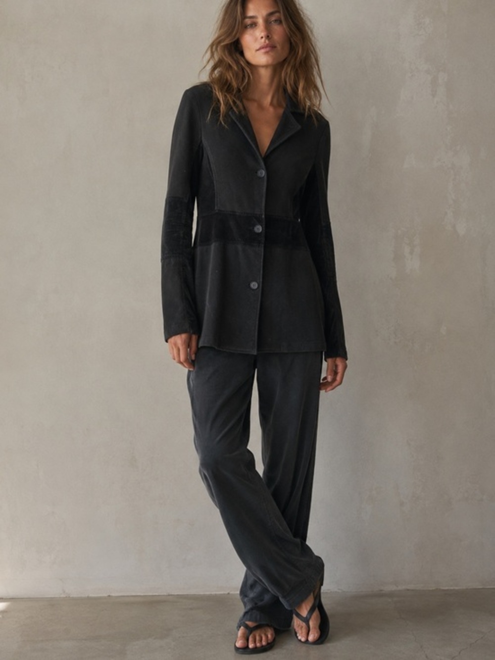 James Perse black velvet trim cotton coat